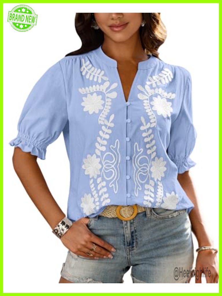 Women's V Neck Puff Short Sleeve Button Down Embroidered Cotton Blouse